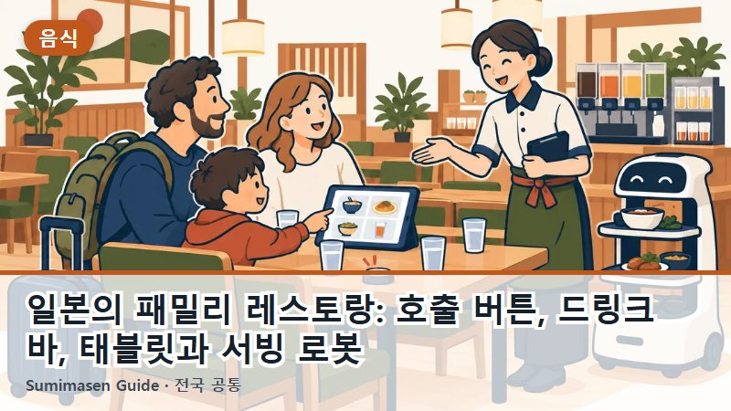일본의 패밀리 레스토랑: 호출 버튼, 드링크 바, 태블릿과 서빙 로봇