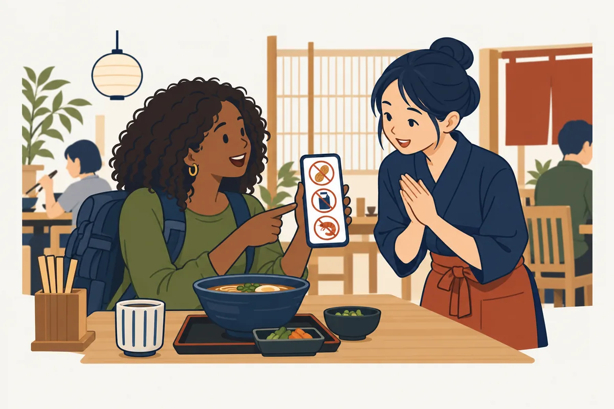 Illustration: a traveler shows allergy symbols on her phone to a restaurant staff member, who listens