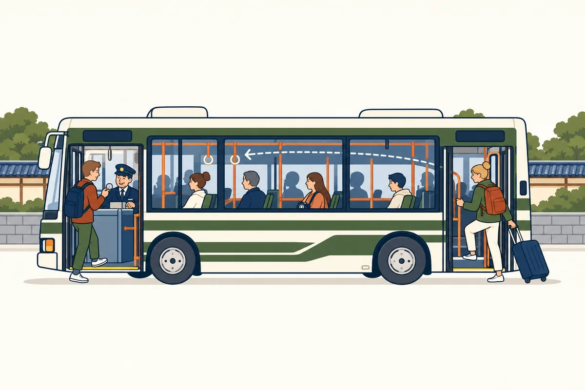 Illustration: a traveler with a suitcase boards a city bus at the rear door, while another pays the driver at the front door when getting off