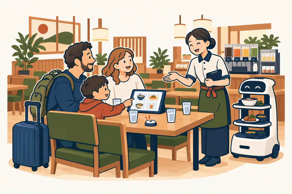 Illustration: a traveling family at a family restaurant table with an ordering tablet and a call button, a drink bar and a serving robot behind them, and a staff member helping