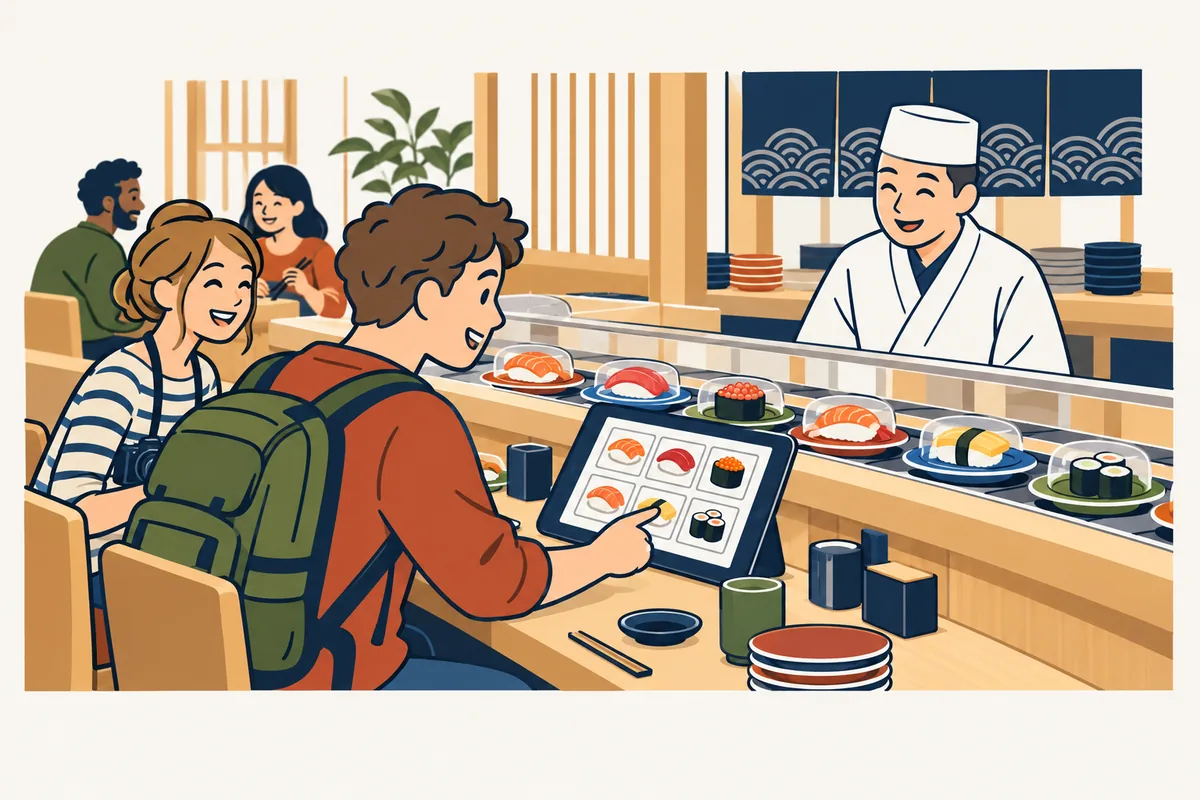 Illustration: travelers at a conveyor-belt sushi counter order on a touch panel while a sushi chef works behind the counter