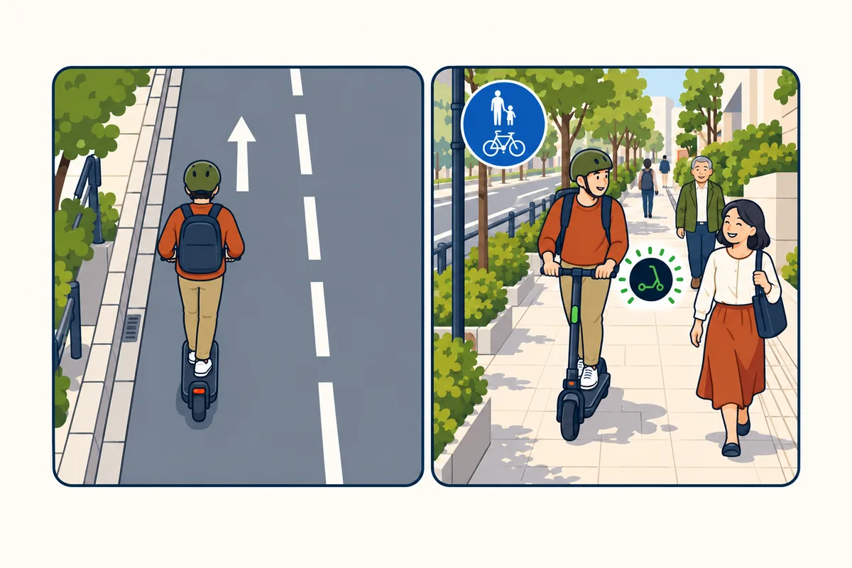 Illustration in two panels: a rider in a helmet on the left side of the road, and a rider going slowly on a sidewalk with a sign that allows it, next to people walking