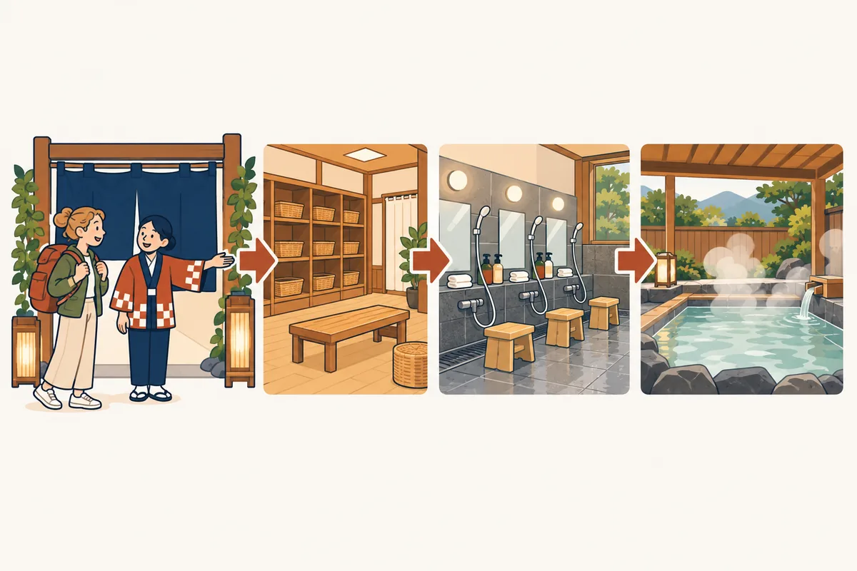 Illustration of the order at an onsen: a staff member greets a traveler at the entrance curtain, then the changing room, the washing area and the bath, with no people in the bathing areas