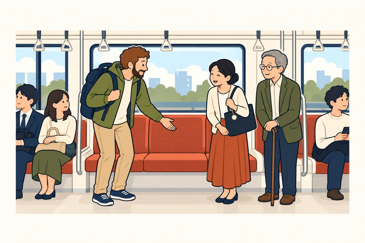 일러스트: 전철 안에서 배낭을 멘 여행자가 일어나, 가방에 작은 배지를 단 여성에게 웃으며 자리를 양보하고, 옆에는 지팡이를 짚은 노인이 서 있는 모습