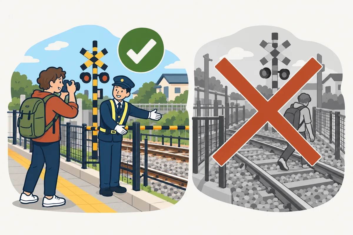 Illustration in two panels: OK, a traveler takes photos from behind the fence on the sidewalk while a security guard watches; not OK, shown crossed out in gray, a person walking on the tracks