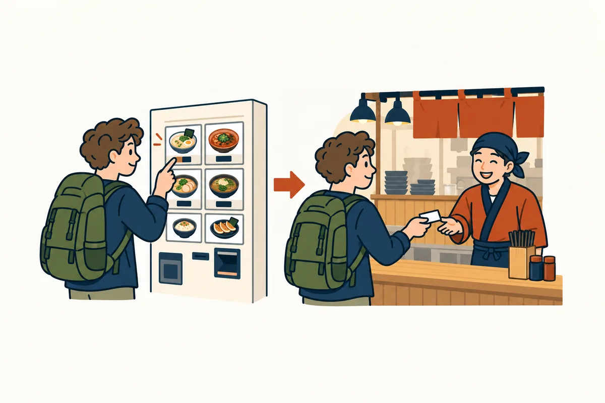 Illustration in two steps: a traveler presses a button on a meal ticket machine, then hands the ticket to a staff member at the counter