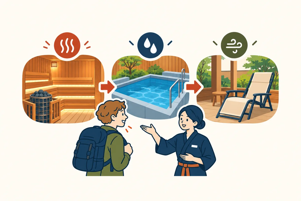 Illustration: a staff member explains the sauna cycle to a traveler; pictures of an empty sauna room, a cold bath and a rest chair are linked by arrows