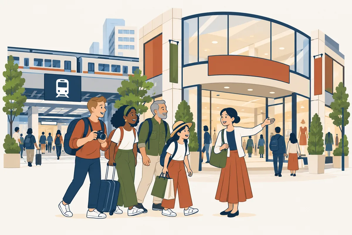 Illustration: travelers with bags walk from a train station toward a shopping building, and a local person points the way