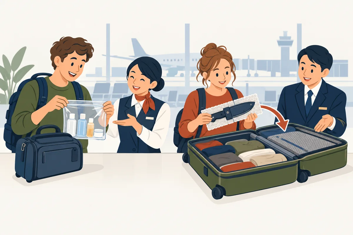 Illustration: at the airport, one traveler puts liquids in a small clear bag and another packs a kitchen knife in a suitcase to check in, with airport staff helping