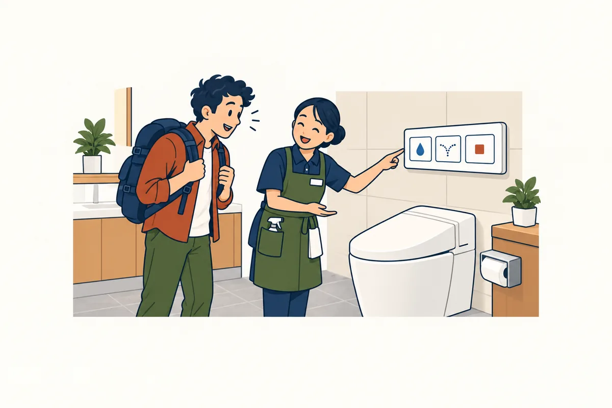 Illustration: a staff member points to the buttons on a toilet control panel on the wall for a traveler