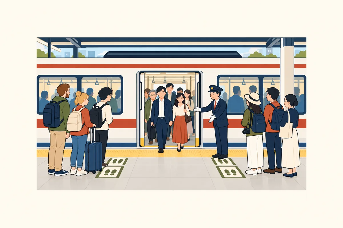 Illustration: travelers, some with suitcases, wait in lines at the platform markings while passengers get off the train first, and a station attendant watches