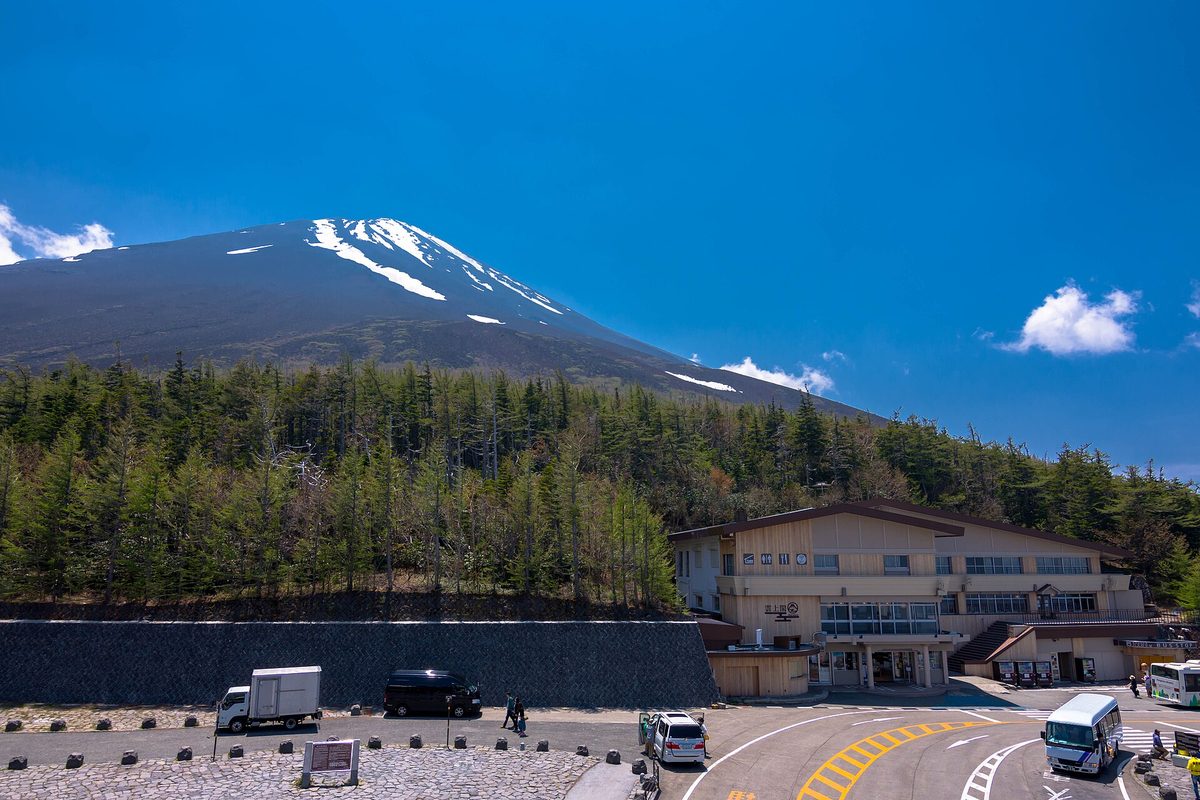 Buildings at a 5th station of Mt. Fuji, with the snow-streaked summit behind