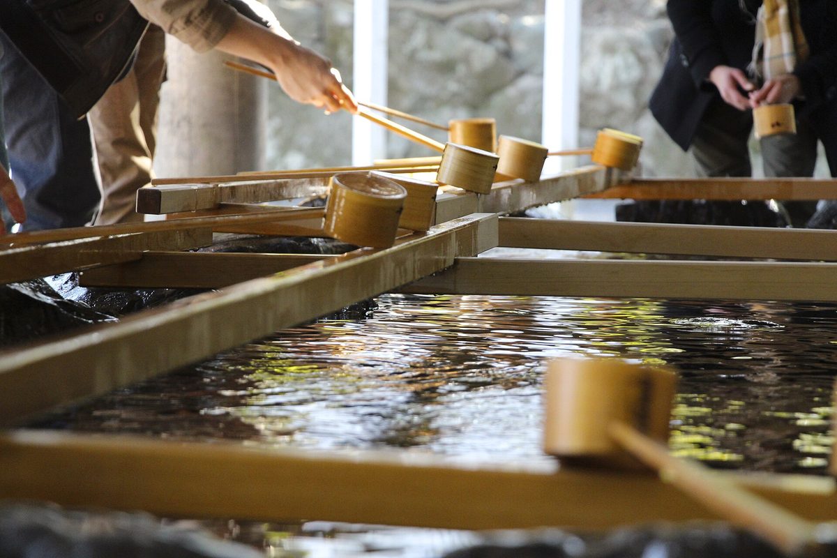 Bamboo ladles at the water basin for purifying hands at Ise Jingu, Ise (Mie)