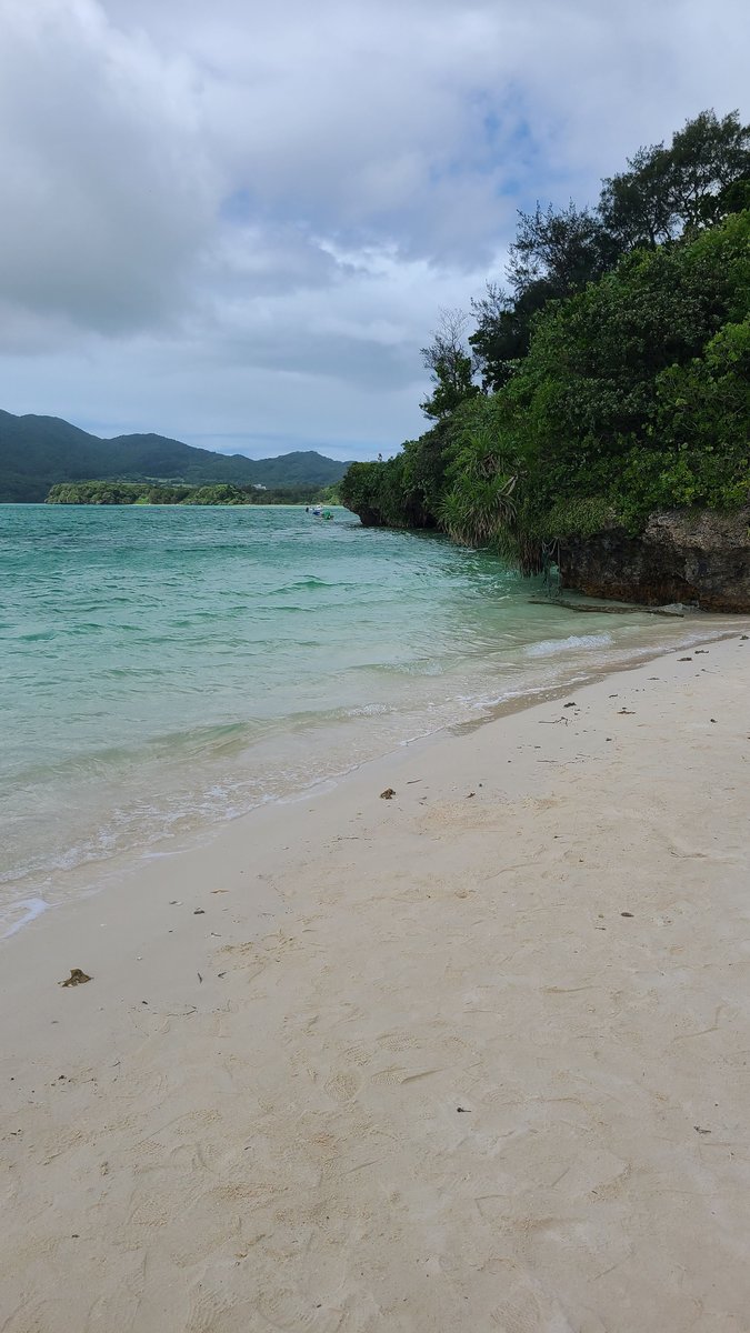 A white sand beach at the edge of pale turquoise water, with green trees on the right and hills under a cloudy sky