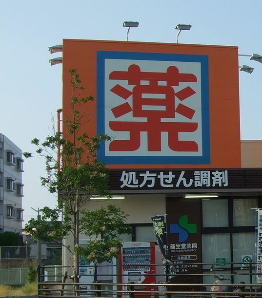 A tall red sign with the kanji for medicine outside a drugstore