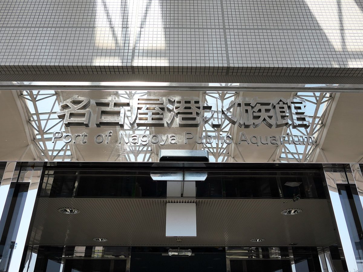 수족관의 입구이며, 문 위쪽 유리에는 名古屋港水族館이라는 명칭과 Port of Nagoya Public Aquarium 문구가 쓰여 있습니다.