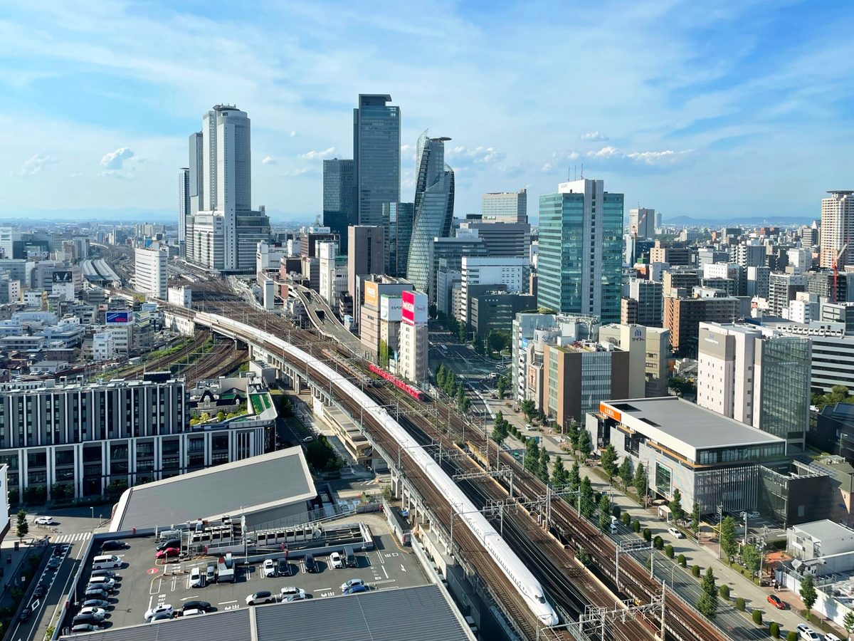 High-rise buildings around Nagoya Station in Nagoya (Aichi), seen from above