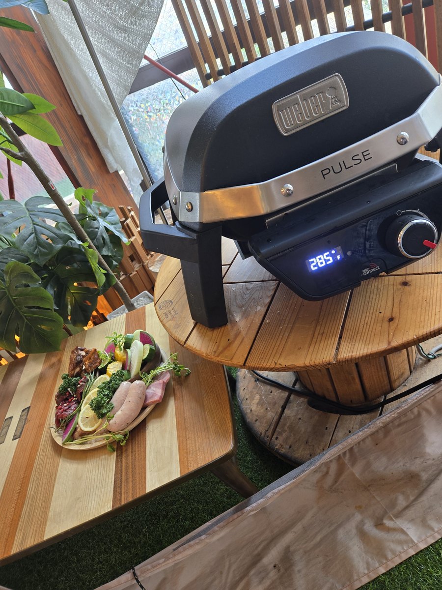 A covered black Weber electric grill on a round wooden stand, next to a wooden table with a plate of meat and vegetables, plants and artificial grass