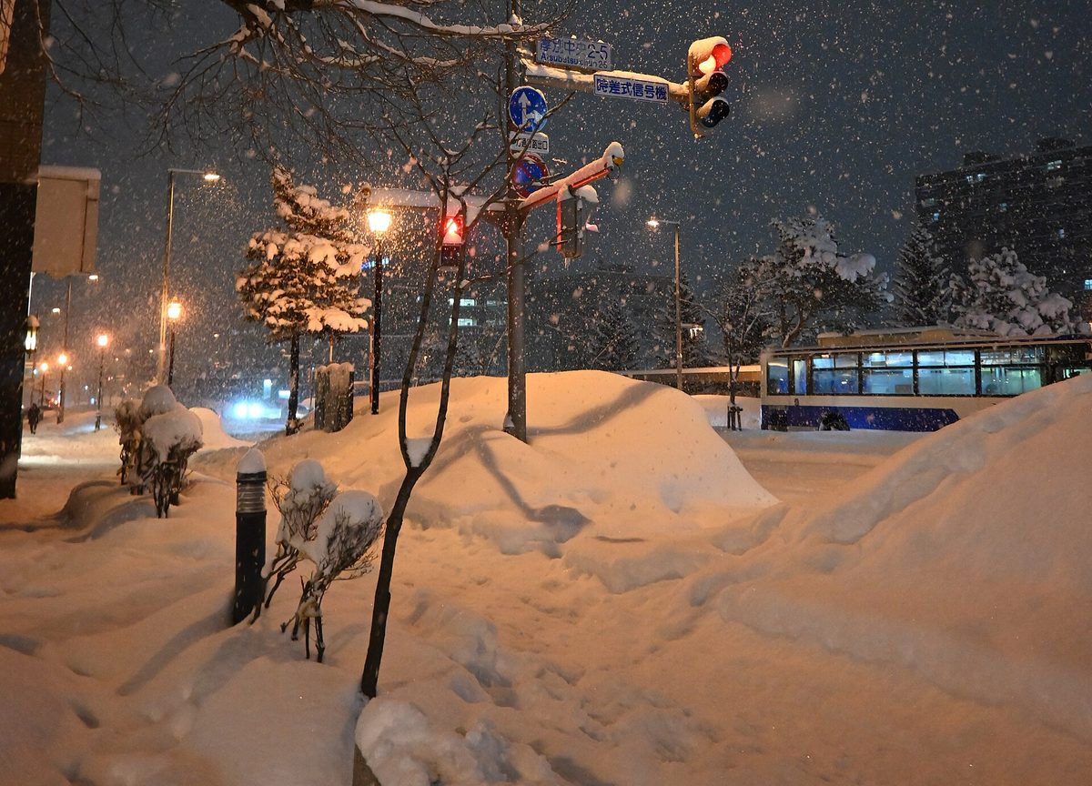Snow piled along a sidewalk under street lights at night in Sapporo (Hokkaido)