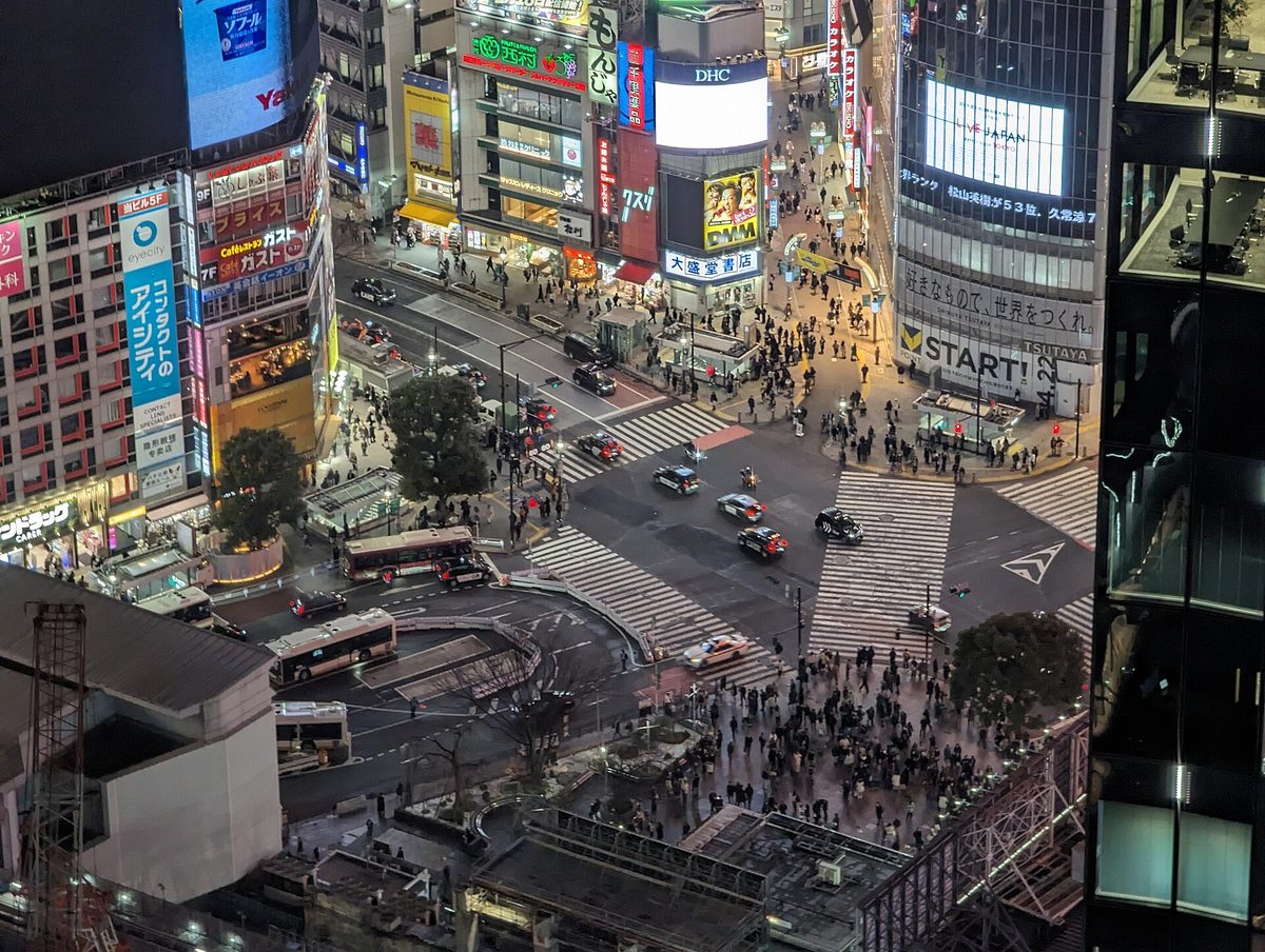 Shibuya (Tokyo) scramble crossing at night, seen from above