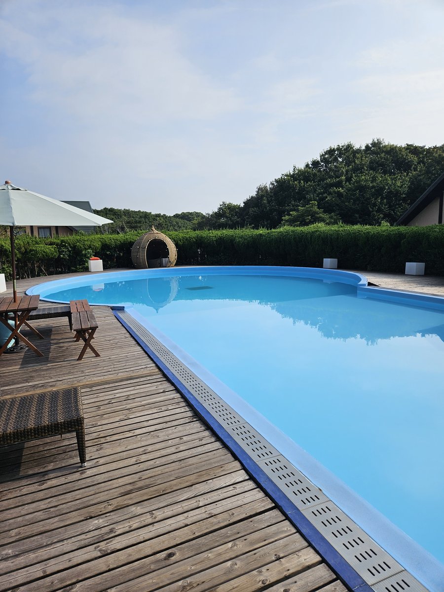 An outdoor swimming pool with a wooden deck, surrounded by green trees under a blue sky