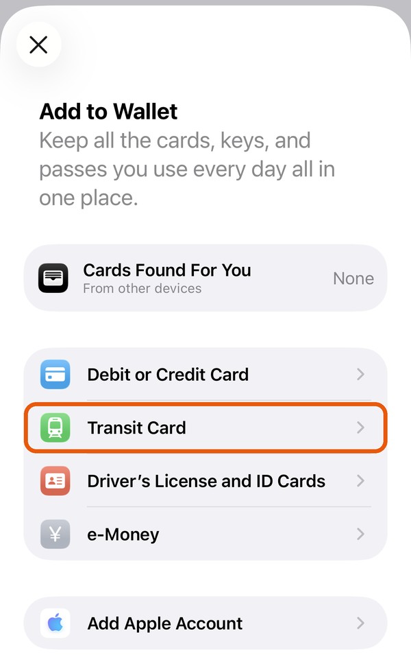 The Add to Wallet screen listing Debit or Credit Card, Transit Card, Driver's License and ID Cards, e-Money and Add Apple Account, with Transit Card outlined in orange
