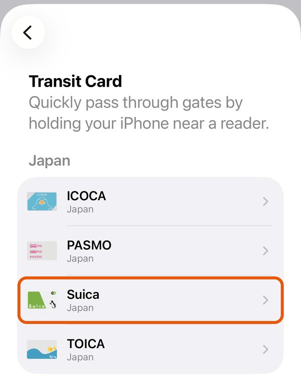 The Transit Card list with a Japan section showing ICOCA, PASMO, Suica and TOICA, with Suica outlined in orange