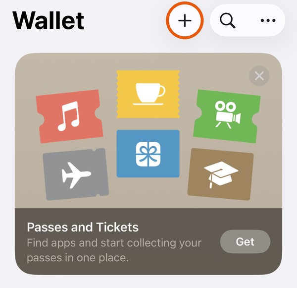 The top of the Wallet app on an iPhone: the title Wallet, a plus button circled in orange, and a Passes and Tickets panel
