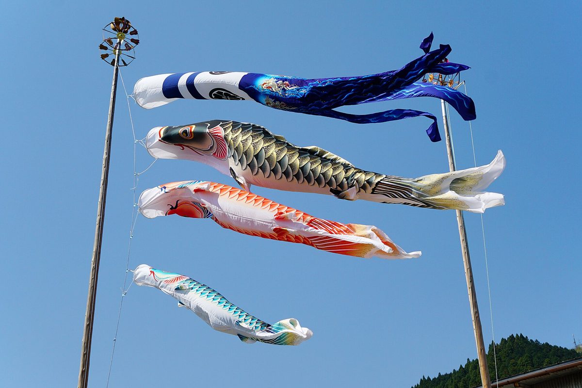 Black, red and blue carp streamers flying from a tall pole against a blue sky