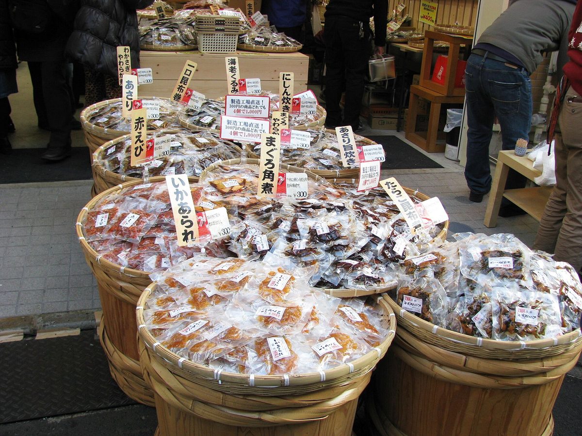 Baskets of tsukudani and dried seafood in small bags at a shop in the Tsukiji Outer Market