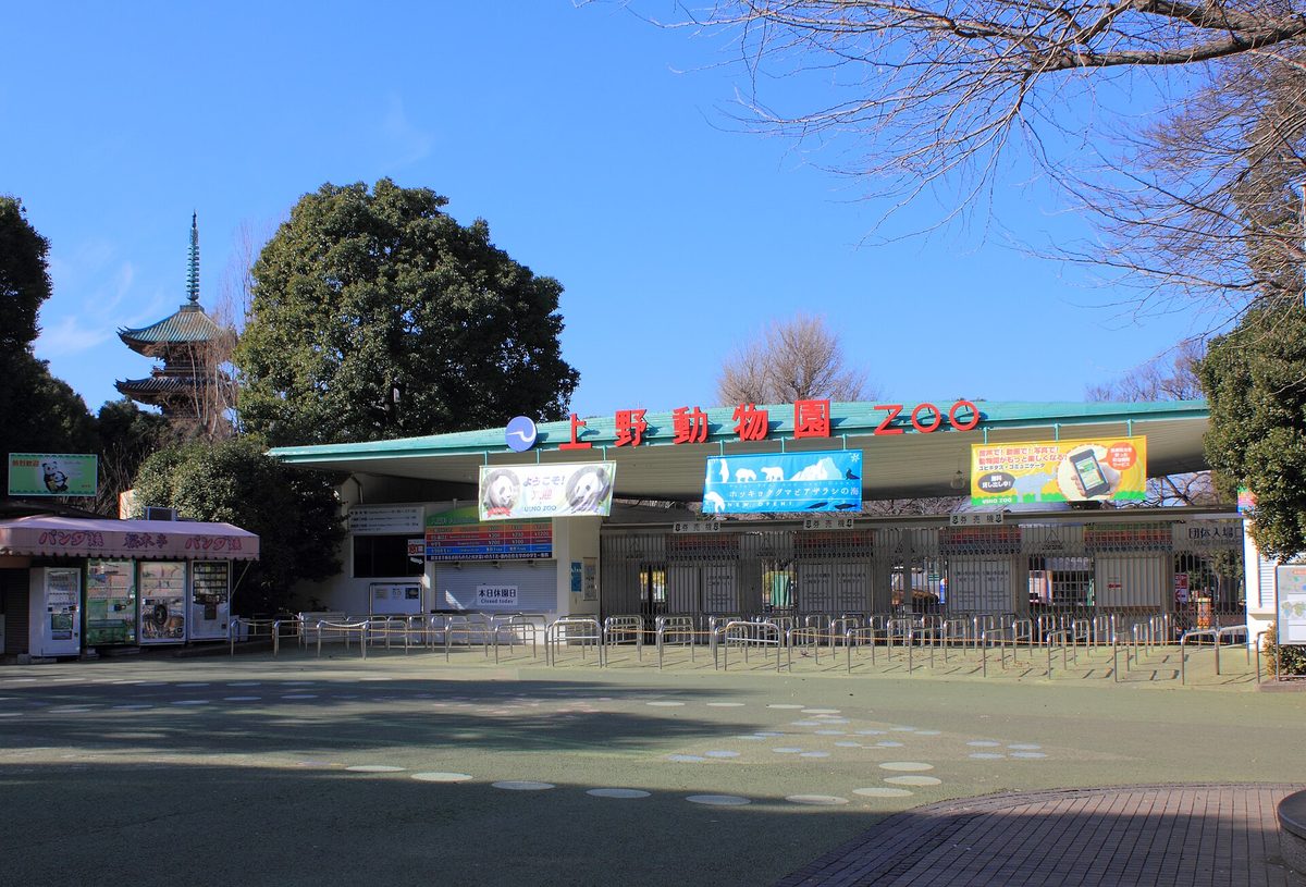 The main gate of Ueno Zoo in Ueno (Tokyo), with a pagoda and trees behind it and a few visitors walking toward the ticket windows